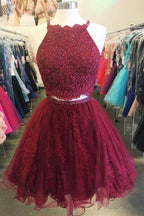A Line Two Piece Homecoming Dress with Beading