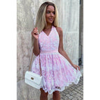 A-line Unique Halter Pink Lace Cute Homecoming Dress
