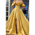 A-line Unique Off-the-shoulder Yellow Satin High Split Long Prom Dress with Pockets