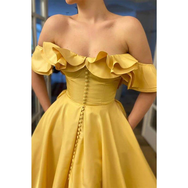 A-line Unique Off-the-shoulder Yellow Satin High Split Long Prom Dress with Pockets