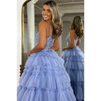 A-line V Neck Applique Lilac Ball Gown Long Formal Evening Gowns