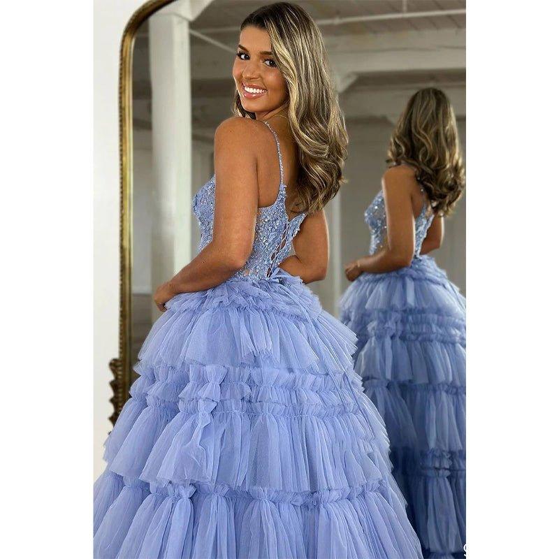 A-line V Neck Applique Lilac Ball Gown Long Formal Evening Gowns