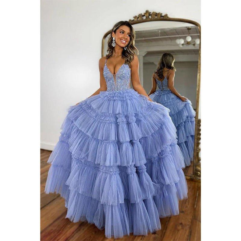 A-line V Neck Applique Lilac Ball Gown Long Formal Evening Gowns