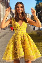 A-line V-neck Sleeveless Short Yellow Homecoming Dress