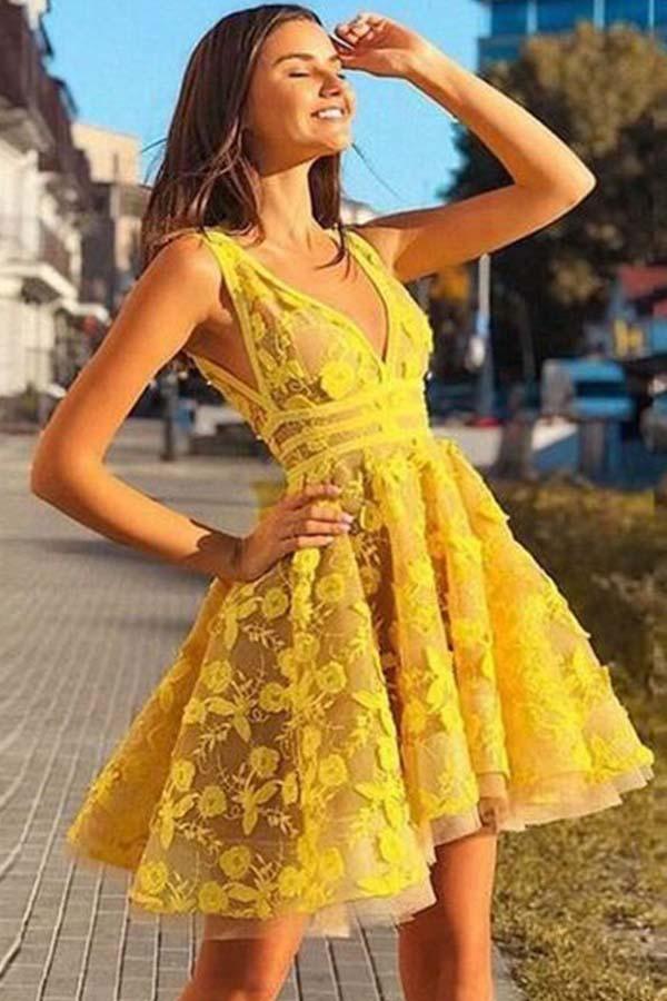A-line V-neck Sleeveless Short Yellow Homecoming Dress