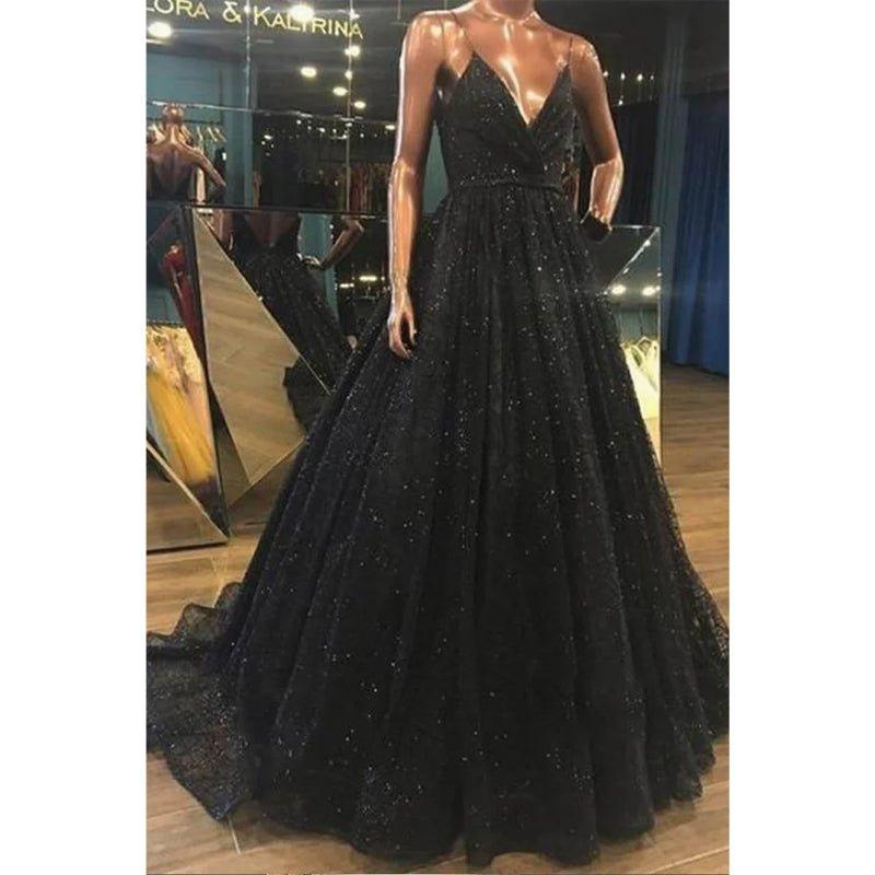 A-line V-neck Blask Sequins High Split Sparkle Prom Dress with Pockets