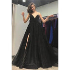A-line V-neck Blask Sequins High Split Sparkle Prom Dress with Pockets