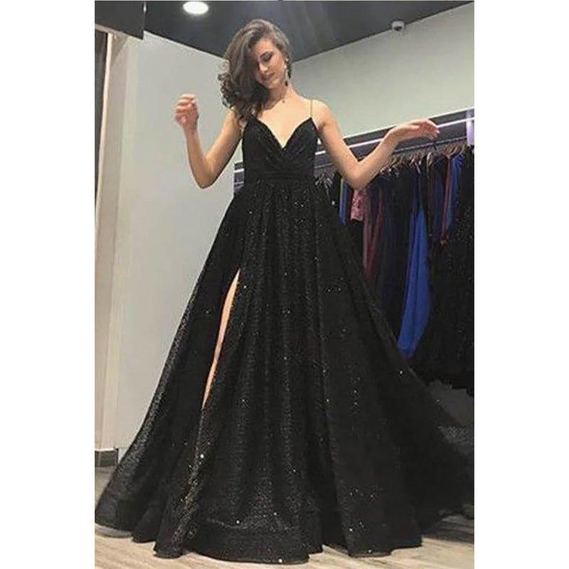 A-line V-neck Blask Sequins High Split Sparkle Prom Dress with Pockets