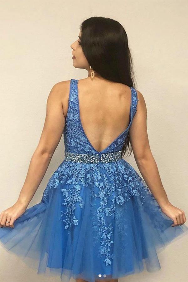 A Line V Neck Short Prom Dress Homecoming Dress with Appliques