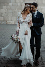 A-Line V-Neck Floor Length Chiffon Wedding Dress with Appliques Flowers