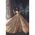 A-line V-neck Gold Sequins Sparkle Prom Dress Formal Evening Gowns