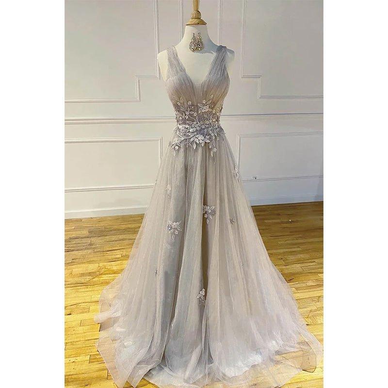 A-line V-neck Grey Tulle Appliques Long Prom Dress