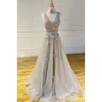 A-line V-neck Grey Tulle Appliques Long Prom Dress
