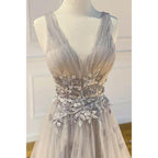 A-line V-neck Grey Tulle Appliques Long Prom Dress
