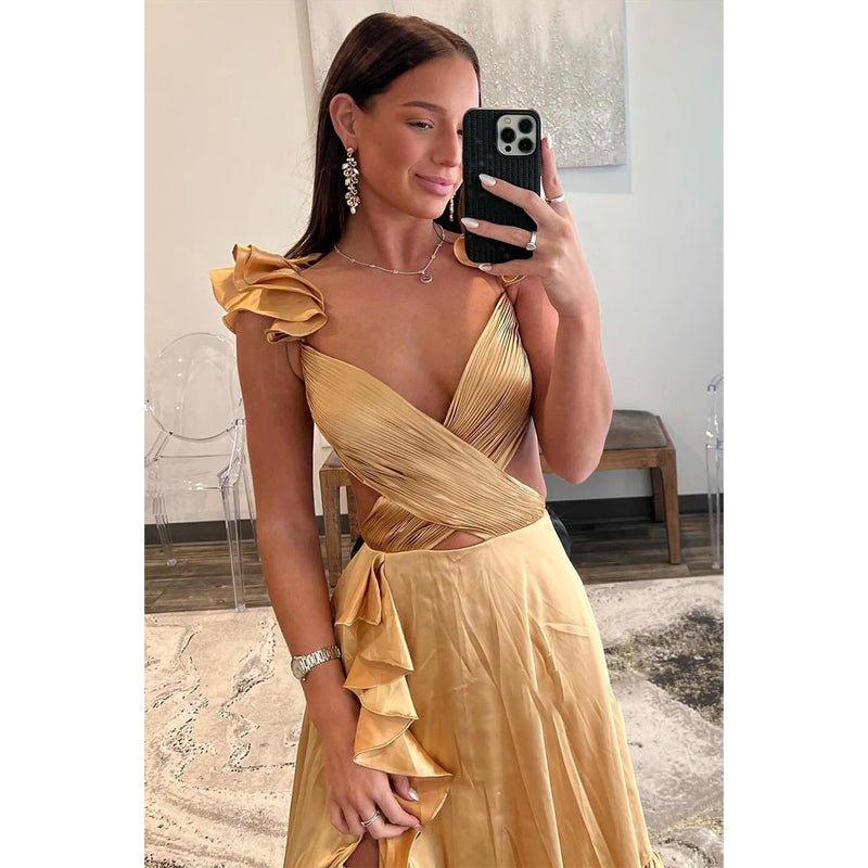 A-line V-neck High Low Ruffles Simple Champagne Prom Dress Evening Dress