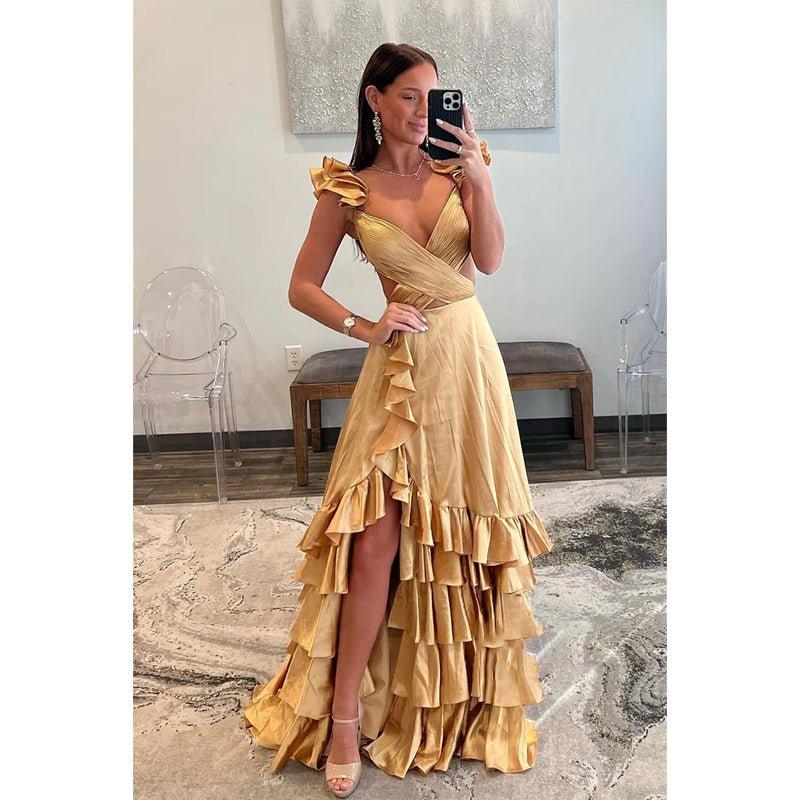 A-line V-neck High Low Ruffles Simple Champagne Prom Dress Evening Dress