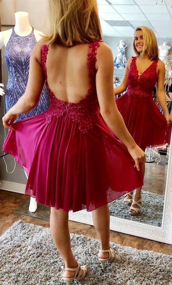 A-line V-neck Homecoming Dress  Backless Short Prom Dress
