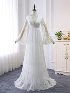 A-line V neck Long Sleeve Wedding Dress Rustic Boho Wedding Dress