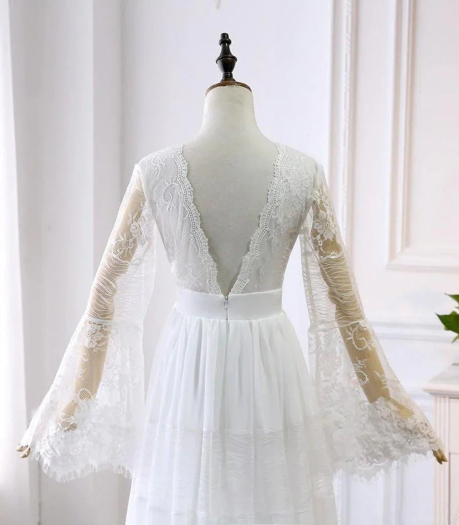 A-line V neck Long Sleeve Wedding Dress Rustic Boho Wedding Dress