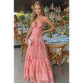 A-line V-neck Pink Tulle Tiered Long Formal Evening Dress