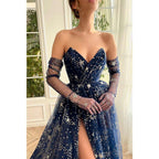 A-line V Neck Pleats Start Tulle Sparkly Prom Dress