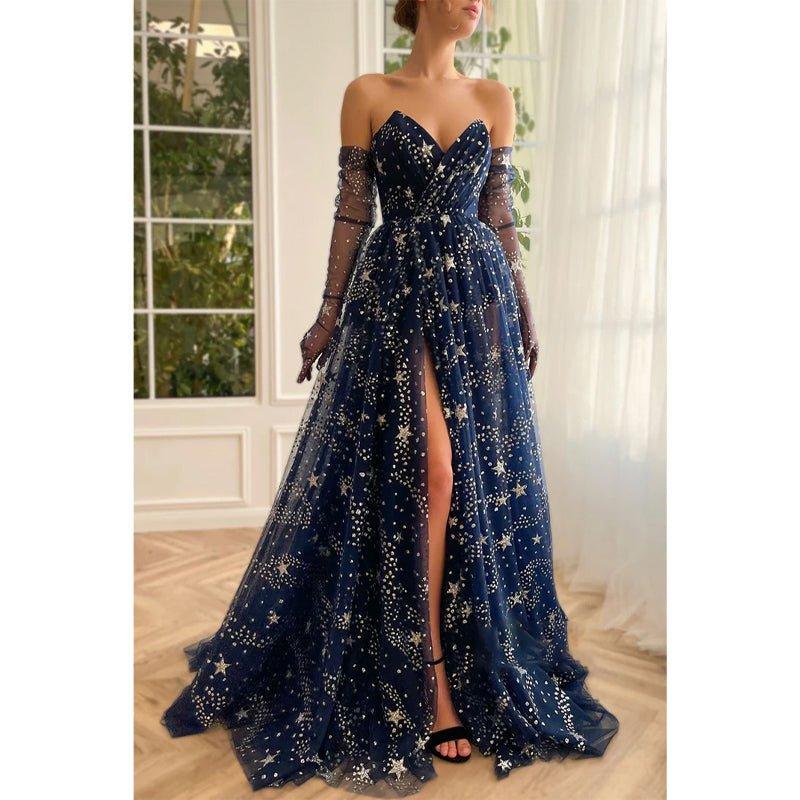 A-line V Neck Pleats Start Tulle Sparkly Prom Dress