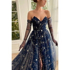 A-line V Neck Pleats Start Tulle Sparkly Prom Dress