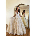 A Line V Neck Ruffles Tulle Sparkly Prom Dress