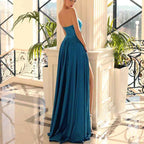A Line V Neck Satin Pleats Long Elegant Prom Party Dress with Slit