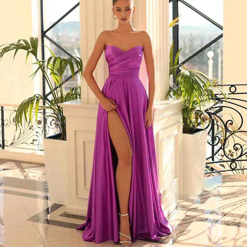 A Line V Neck Satin Pleats Long Elegant Prom Party Dress with Slit
