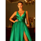 A Line V Neck Satin Pleats Side Slit Long Prom Formal Dress with Pockets