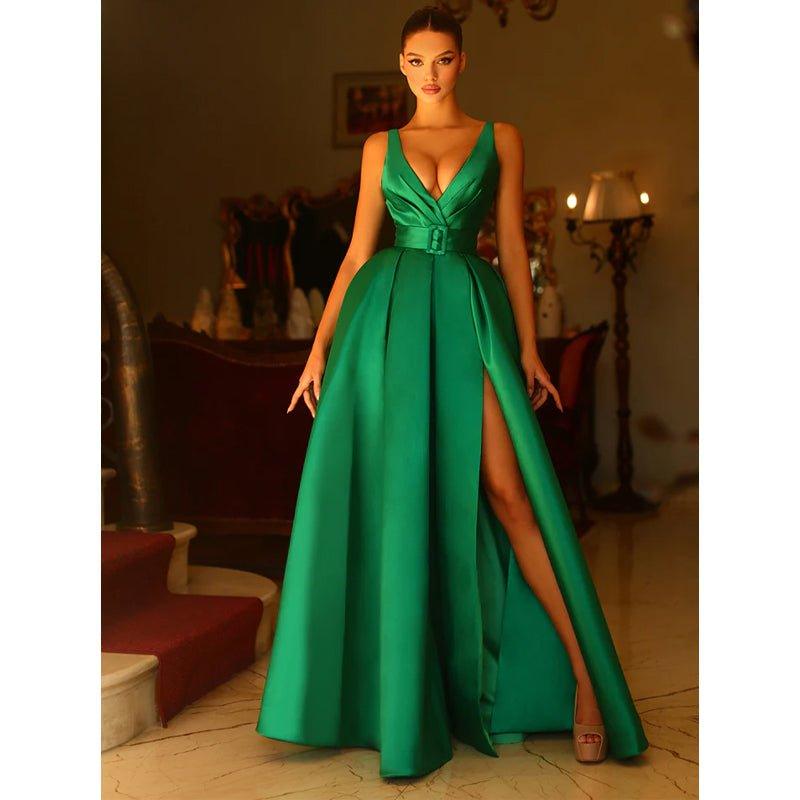 A Line V Neck Satin Pleats Side Slit Long Prom Formal Dress with Pockets
