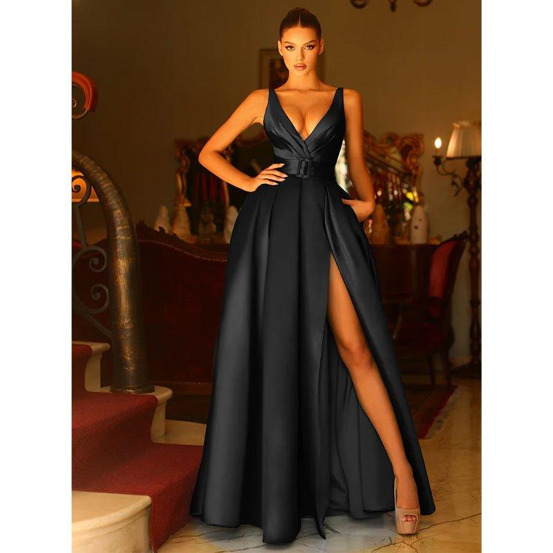 A Line V Neck Satin Pleats Side Slit Long Prom Formal Dress with Pockets