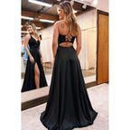 A-Line V-Neck Satin Sequins Sleeveless Prom Evening Formal Dress