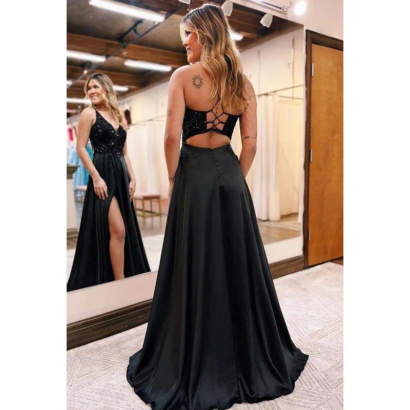 A-Line V-Neck Satin Sequins Sleeveless Prom Evening Formal Dress