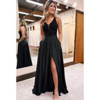 A-Line V-Neck Satin Sequins Sleeveless Prom Evening Formal Dress