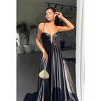 A-Line V-Neck Satin Split Sleeveless Lace-Up Formal Dress