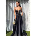 A-Line V-Neck Satin Split Sleeveless Lace-Up Formal Dress