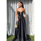 A-Line V-Neck Satin Split Sleeveless Lace-Up Formal Dress
