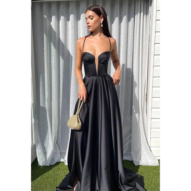 A-Line V-Neck Satin Split Sleeveless Lace-Up Formal Dress