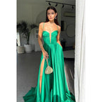 A-Line V-Neck Satin Split Sleeveless Lace-Up Formal Dress