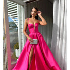 A-Line V-Neck Satin Split Sleeveless Lace-Up Formal Dress