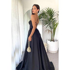A-Line V-Neck Satin Split Sleeveless Lace-Up Formal Dress