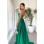 A-Line V-Neck Satin Split Sleeveless Lace-Up Formal Dress