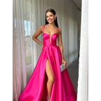 A-Line V-Neck Satin Split Sleeveless Lace-Up Formal Dress