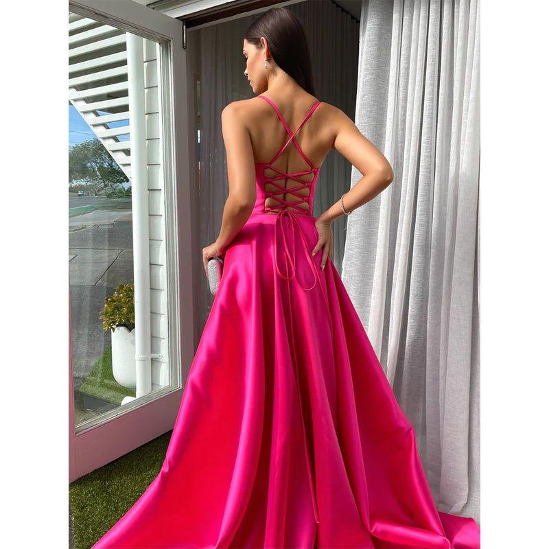 A-Line V-Neck Satin Split Sleeveless Lace-Up Formal Dress