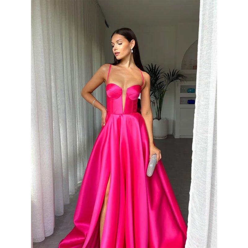 A-Line V-Neck Satin Split Sleeveless Lace-Up Formal Dress