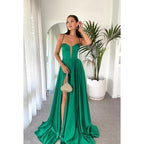 A-Line V-Neck Satin Split Sleeveless Lace-Up Formal Dress