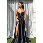 A-Line V-Neck Satin Split Sleeveless Lace-Up Formal Dress