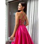 A-Line V-Neck Satin Split Sleeveless Lace-Up Formal Dress